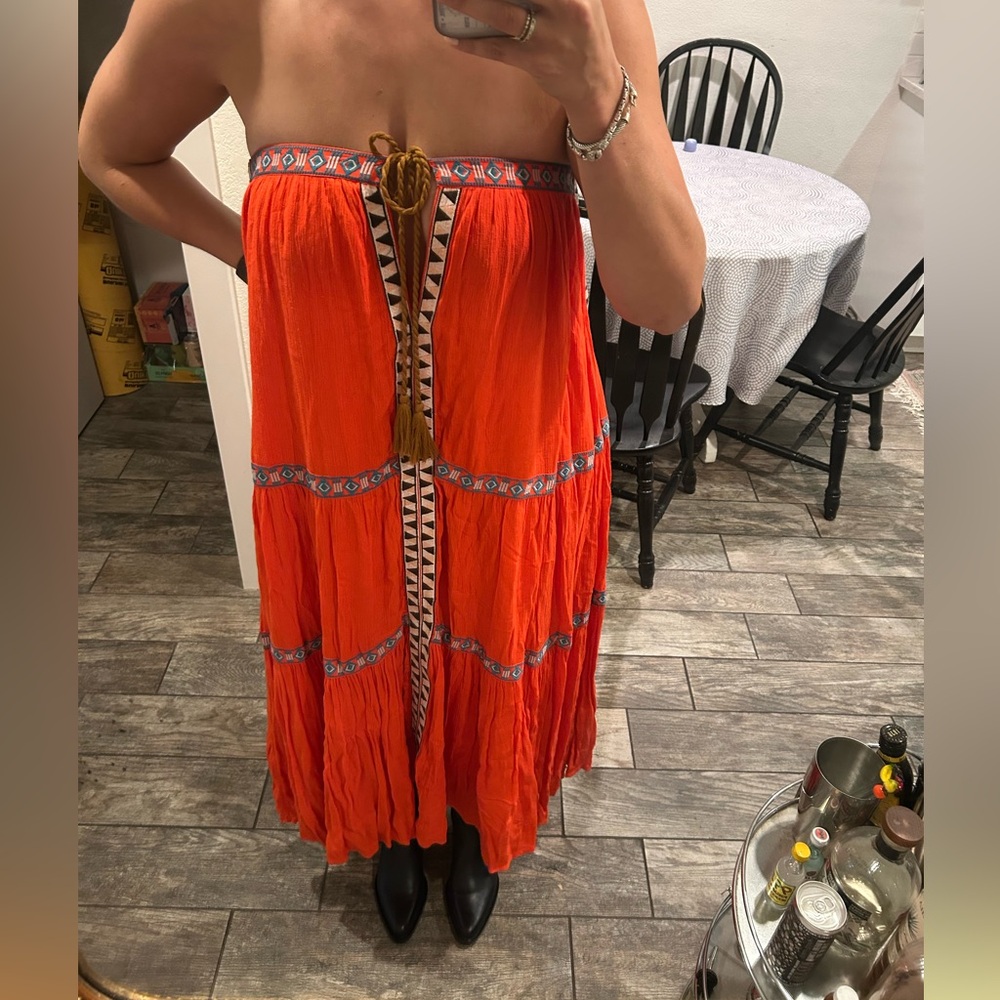 Vibrant Orange Strapless Dress with Embroidered Details